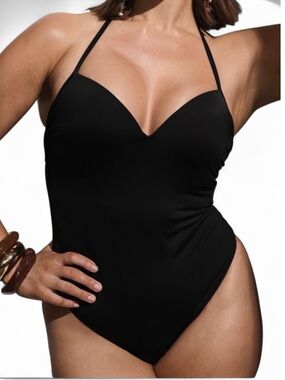 Victoria's Secret Black Push‎ Up Cheeky One Piece Halter Swimsuit, Women's Sz XL